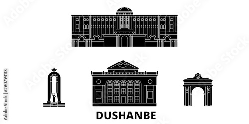 Tadjikistan, Dushanbe flat travel skyline set. Tadjikistan, Dushanbe black city vector panorama, illustration, travel sights, landmarks, streets. photo