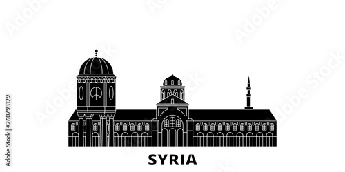 Syria flat travel skyline set. Syria black city vector panorama, illustration, travel sights, landmarks, streets.