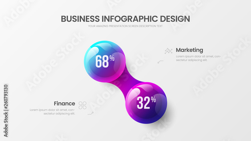 Business 2 option infographic presentation vector 3D colorful balls illustration. Corporate marketing analytics data report design layout. Company statistics information graphic visualization template