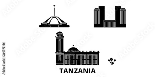 Tanzania flat travel skyline set. Tanzania black city vector panorama, illustration, travel sights, landmarks, streets.