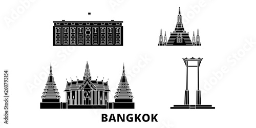 Thailand, Bangkok flat travel skyline set. Thailand, Bangkok black city vector panorama, illustration, travel sights, landmarks, streets.