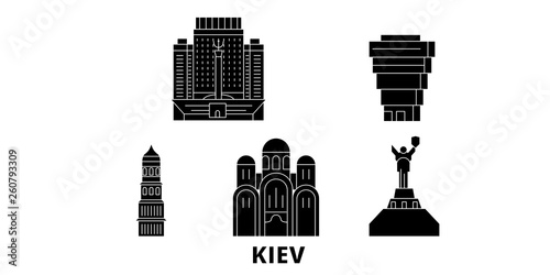 Ukraine, Kiev flat travel skyline set. Ukraine, Kiev black city vector panorama, illustration, travel sights, landmarks, streets.