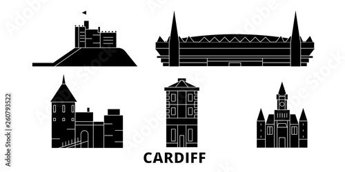 United Kingdom, Cardiff flat travel skyline set. United Kingdom, Cardiff black city vector panorama, illustration, travel sights, landmarks, streets.