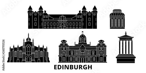 United Kingdom, Edinburgh flat travel skyline set. United Kingdom, Edinburgh black city vector panorama, illustration, travel sights, landmarks, streets.