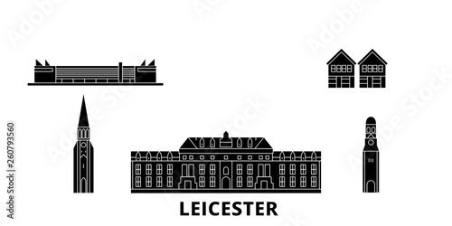 United Kingdom, Leicester flat travel skyline set. United Kingdom, Leicester black city vector panorama, illustration, travel sights, landmarks, streets.