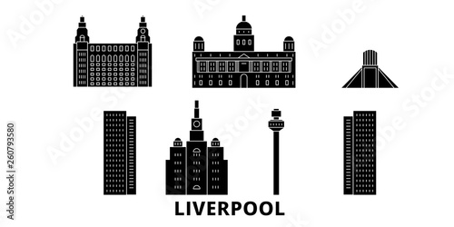 United Kingdom, Liverpool flat travel skyline set. United Kingdom, Liverpool black city vector panorama, illustration, travel sights, landmarks, streets.