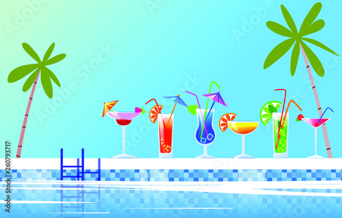 Vector template for coctail and pool summer party. Swimming pool with cocktails and palm trees. Poster, banner with place for text.
