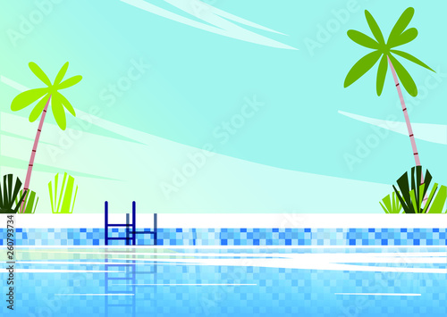 Summer swimming pool in tropical landscape with palm trees and plants. Vector template with place for text. Vector vacation illustration for banner, poster, web site.
