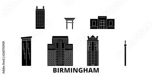 United States, Birmingham flat travel skyline set. United States, Birmingham black city vector panorama, illustration, travel sights, landmarks, streets.