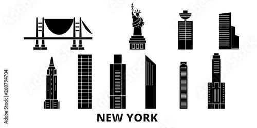 United States, New York City flat travel skyline set. United States, New York City black city vector panorama, illustration, travel sights, landmarks, streets.