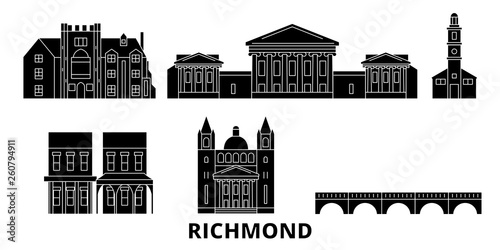 United States, Richmond flat travel skyline set. United States, Richmond black city vector panorama, illustration, travel sights, landmarks, streets.