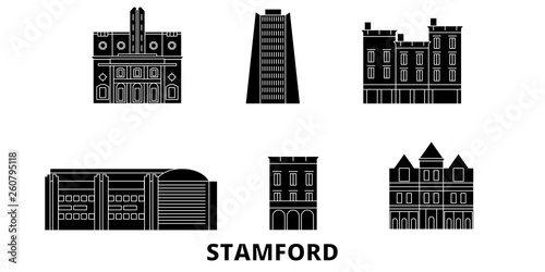 United States, Stamford flat travel skyline set. United States, Stamford black city vector panorama, illustration, travel sights, landmarks, streets.