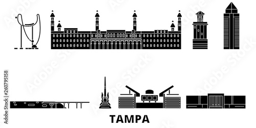United States, Tampa flat travel skyline set. United States, Tampa black city vector panorama, illustration, travel sights, landmarks, streets.