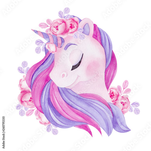 Watercolor illustration with cute unicorn Fototapet
