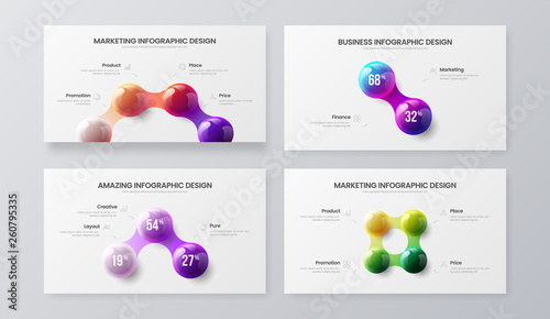 Amazing 2, 3, 4 step marketing analytics presentation vector illustration template bundle. Business data visualization design collection layout. Colorful 3D balls corporate statistics infographic set.