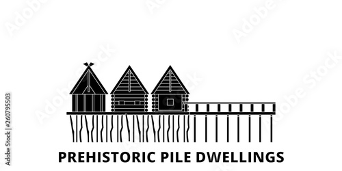 France, Prehistoric Pile Dwellings Around The Alps Landmark flat travel skyline set. France, Prehistoric Pile Dwellings Around The Alps Landmark black city vector panorama, illustration, travel sights