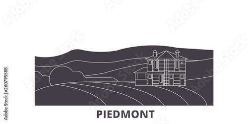 Italy, Piedmont, Langhe Roero And Monferrato  flat travel skyline set. Italy, Piedmont, Langhe Roero And Monferrato  black city vector panorama, illustration, travel sights, landmarks, streets.