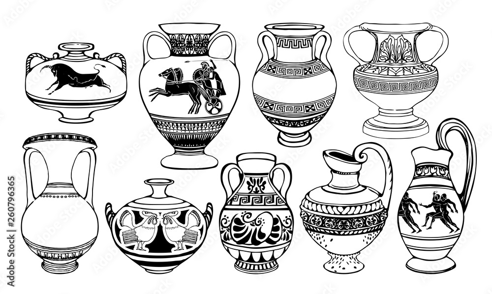 Set of antique Greek amphorae, vases with patterns, decorations and life scenes. Ancient decorative pots, old clay jugs, ceramic pottery. Vector black and white illustration, coloring book.