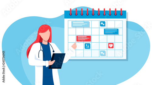 Friendly male doctor near the calendar. work schedule, make an appointment online. Vector illustration for banner, landing page, app