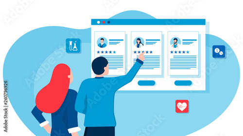 Young family or couple chooses a doctor. Planning for pregnancy, treatment of diseases, maintaining health. Vector illustration with bright characters. For sites, catalogs and presentations.