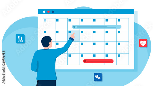 A man makes an appointment with an online doctor. On the calendar selects the desired date. calendar. work schedule, make an appointment online. Vector illustration for banner, landing page, app