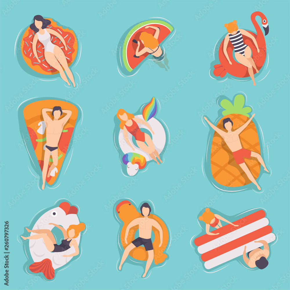 People floating on air mattresses in swimming pool set, top view, men and women relaxing and sunbathing on inflatable rings of different shapes vector Illustrations