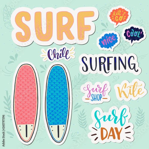 Surfing related lettering stickers