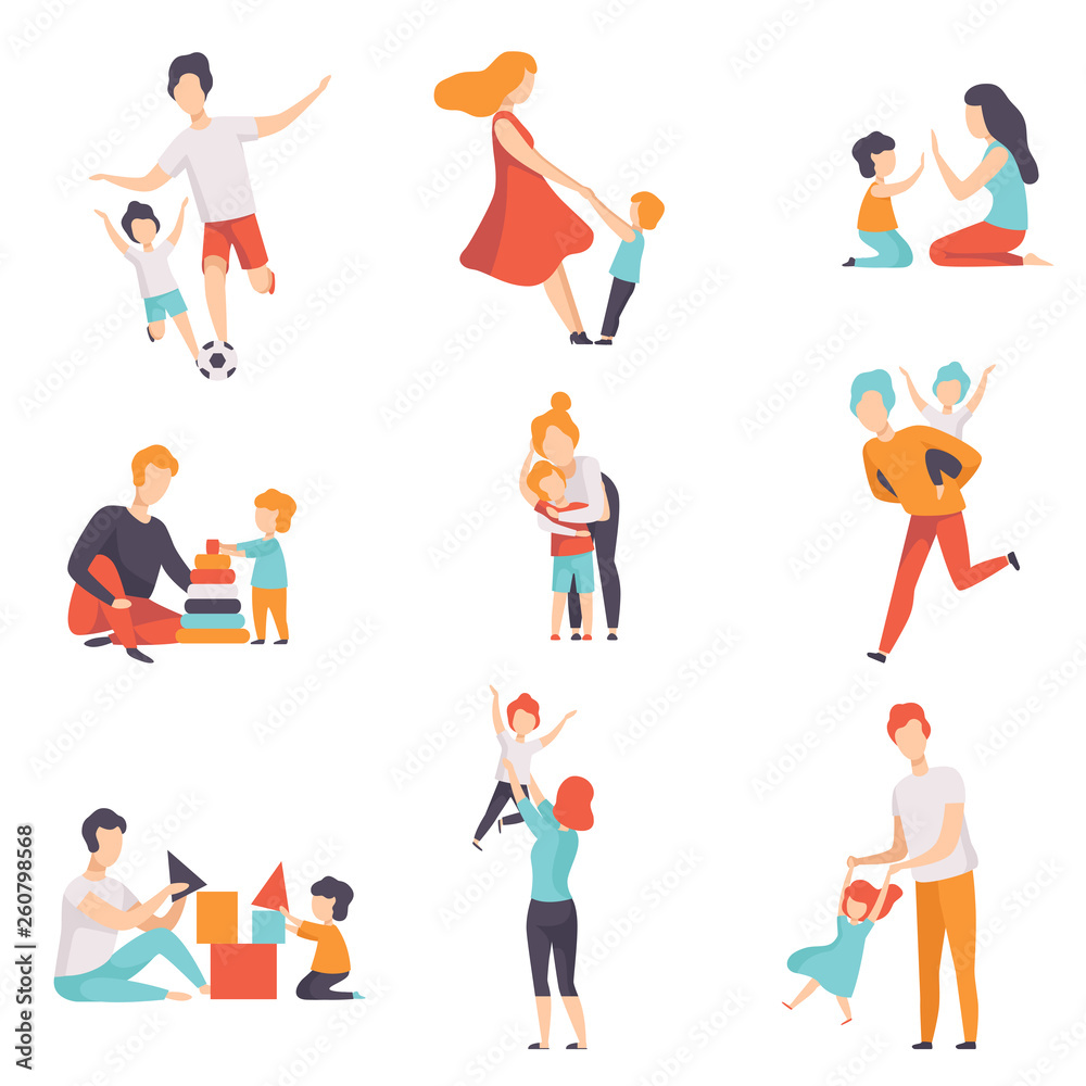 Parents and their kids having good time together set, Mom and Dad playing, doing sports, having fun with their children vector Illustrations on a white background.