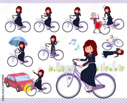 シティサイクルに乗った不良ファッション女性のセット。マナーやトラブルに関するアクションがあります。編集が容易なベクターアートです。.