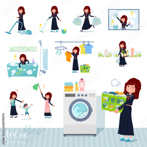 掃除や洗濯など家事に関する不良ファッション女性のセット。育児など様々なアクションがあります。編集が容易なベクターアートです。.