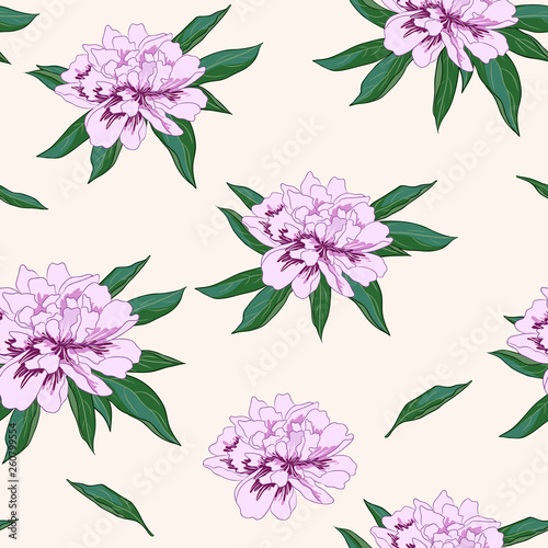 Vector seamless pattern with pink peony flowers on beige background.