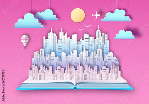 Open fairy tale book with urban city landscape. Cut out paper art style design
