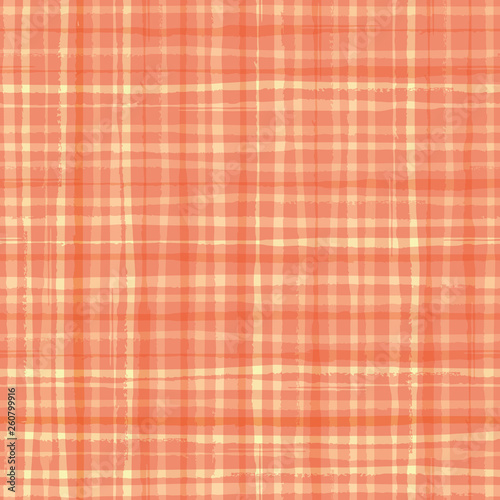 Vibrant watercolour effect plaid design in hues of cantaloupe orange. Seamless vector pattern. Hand drawn brush paint lines. Great for wellbeing, spa, beauty, summer, kitchen, packaging, stationery