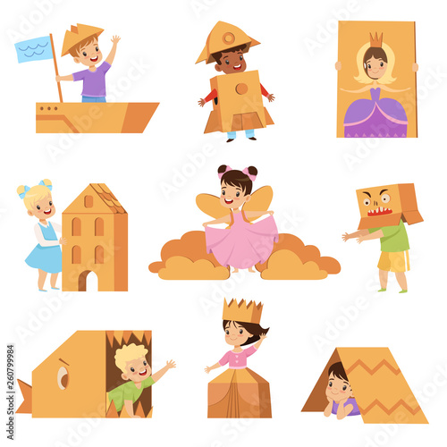 Cute creative kids playing toys and costumes made of cardboard boxes set vector Illustrations on a white background