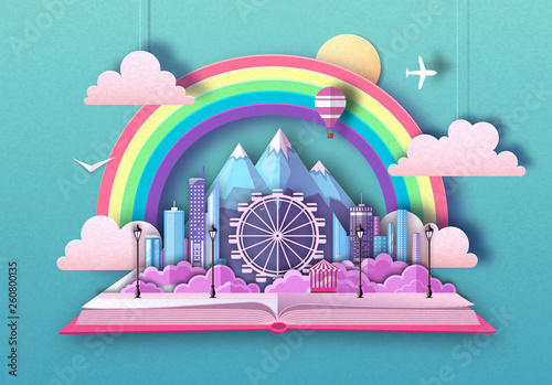 Open fairy tale book with city landscape, ferris wheel and mountains. Cut out paper art style design