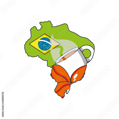 cup coffee with grains and and map of brazil