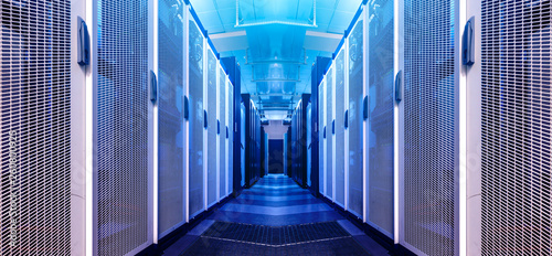 Art visualization corridor of data warehouse in warning red toning. Design web hosting technology big data center background. Futuristic graphic computer service element.