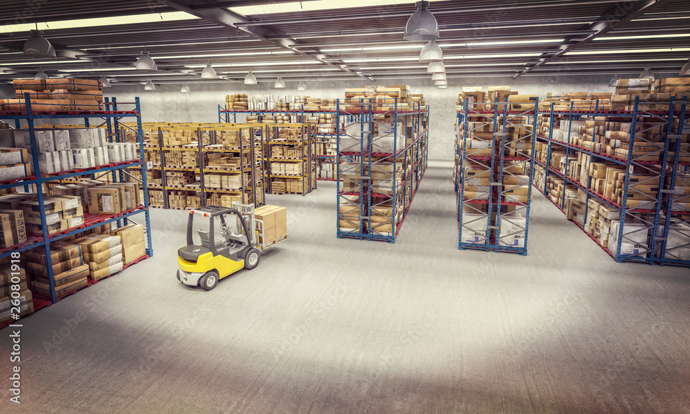  interior 3d render of a large storage warehouse full of boxes and goods, nobody around, forklift truck in action. logistics and manufacturing industry concept.