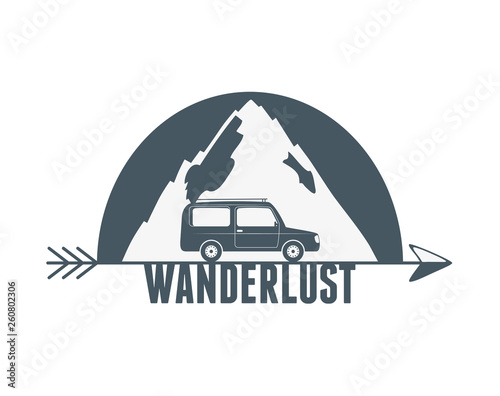wanderlust label with forest scene and car vehicle
