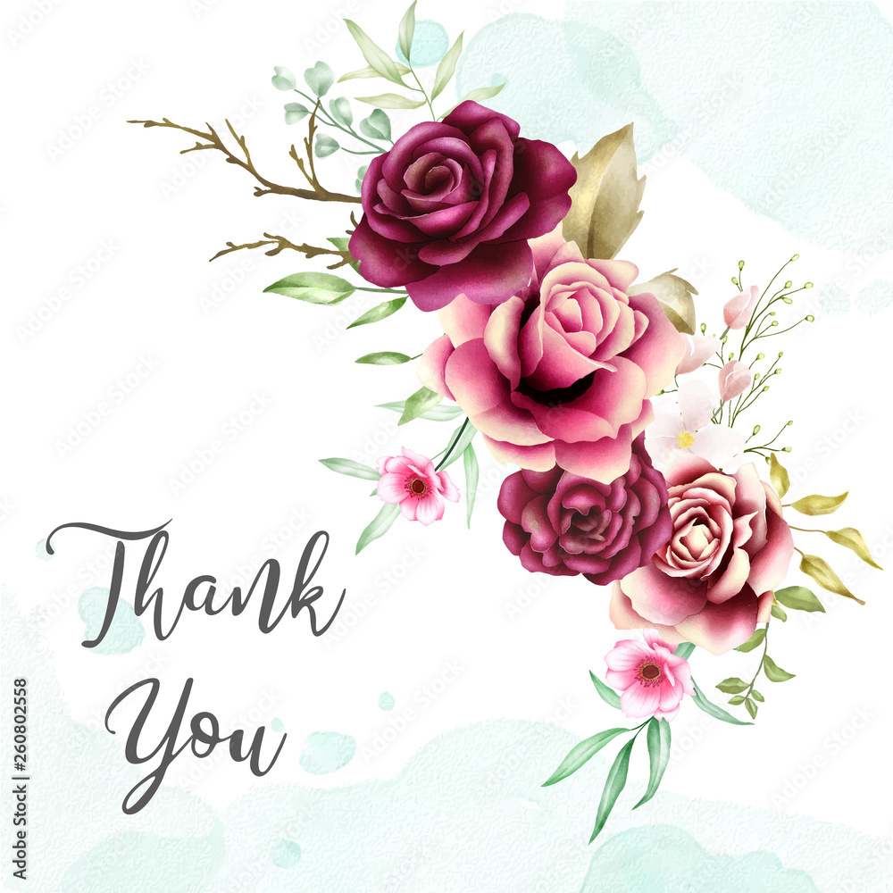 watercolor rose bouquet backfround with thank you message