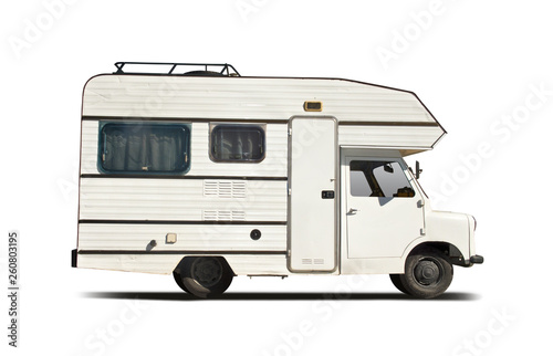 old motorhome side view isolated on white
