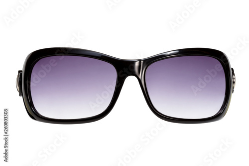 Stylish women's black sunglasses on a white background. Front view. 