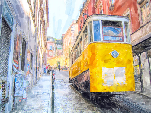 Illustration of traditional Funicular cable car names Ascensores de Lisboa in portugal capital Lisbon. photo