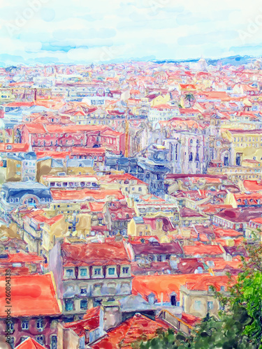 Aeria view over Lisbon capital of Portugal. Water color illustration.