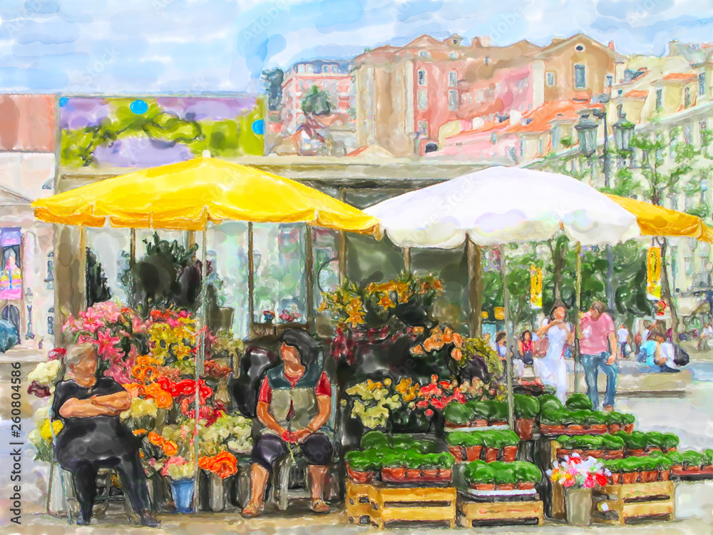 Illustration of flower market stall at Lisbon place names Rossio.