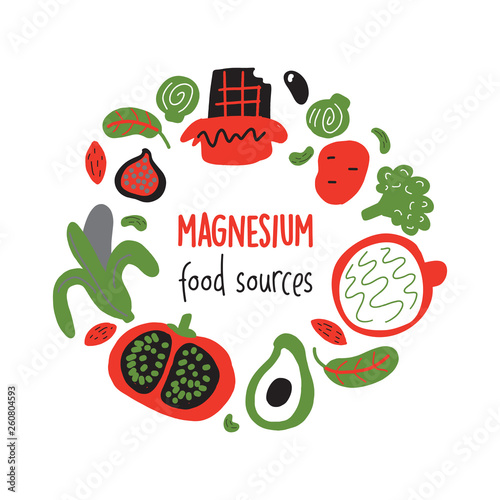 Hand drawn vector illustration of magnesium food sources. Round composition. Healthy nutrition concept.