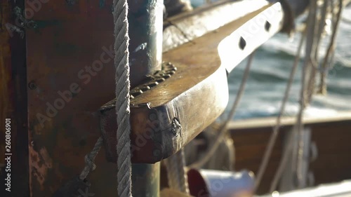 Close Up Old Wooden Gaff Jaws On Traditional Ketch Sailboat. photo