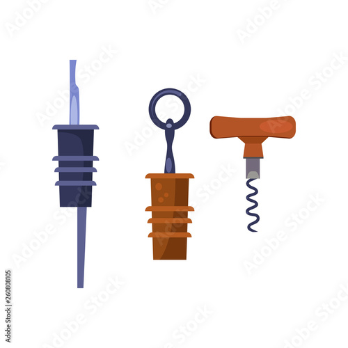 Corks and corkscrew flat icon. Bottles, wine, bar. Alcohol concept. Vector illustration can be used for topics like drinks, beverage, utensils