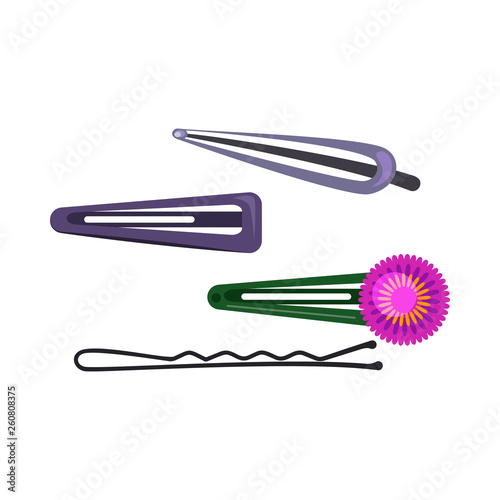 Hair clips collection flat icon. Hairdo, hairdresser, grooming. Hair accessories concept. Vector illustration can be used for topics like fashion, hair salon, beauty