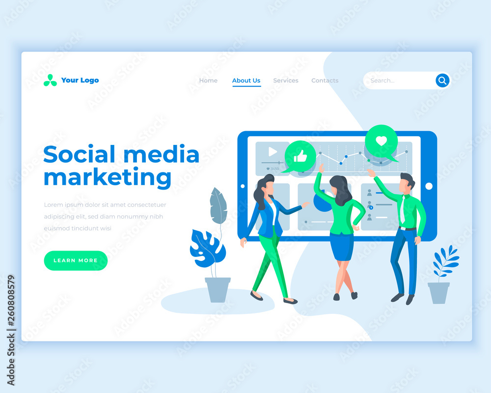 Landing page template social media marketing concept with office people.
